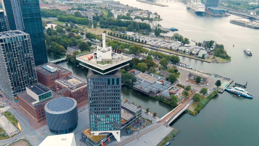 Aerial view of the A'DAM Lookout and Amsterdam cityscape