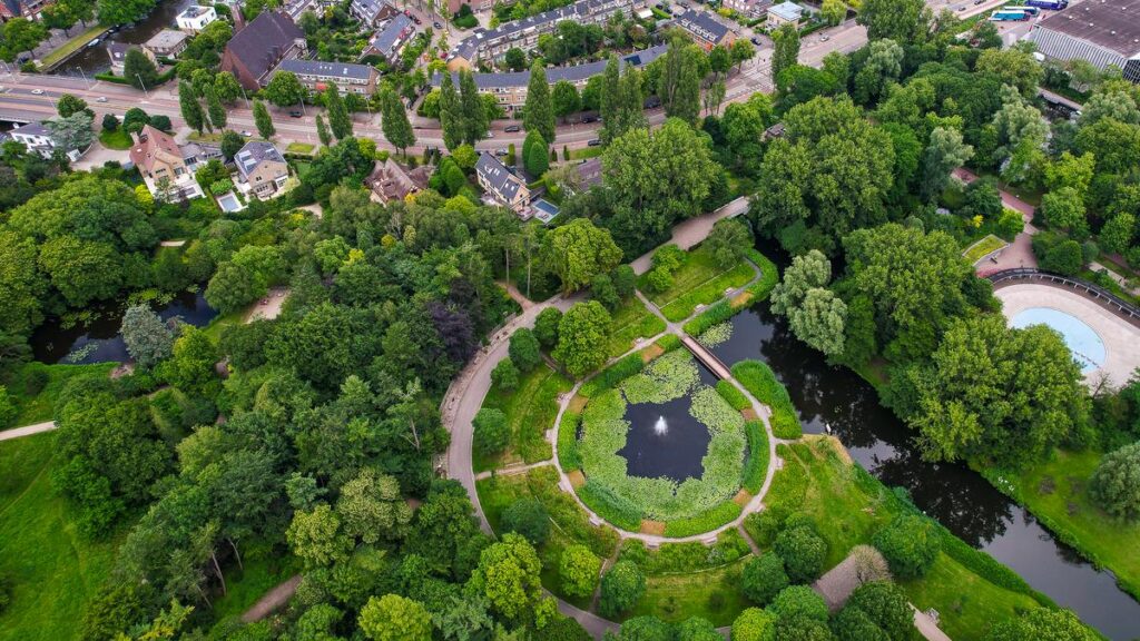 Aerial view of Beatrixpark, Amsterdam - Serene urban oasis with lush greenery and tranquil pond