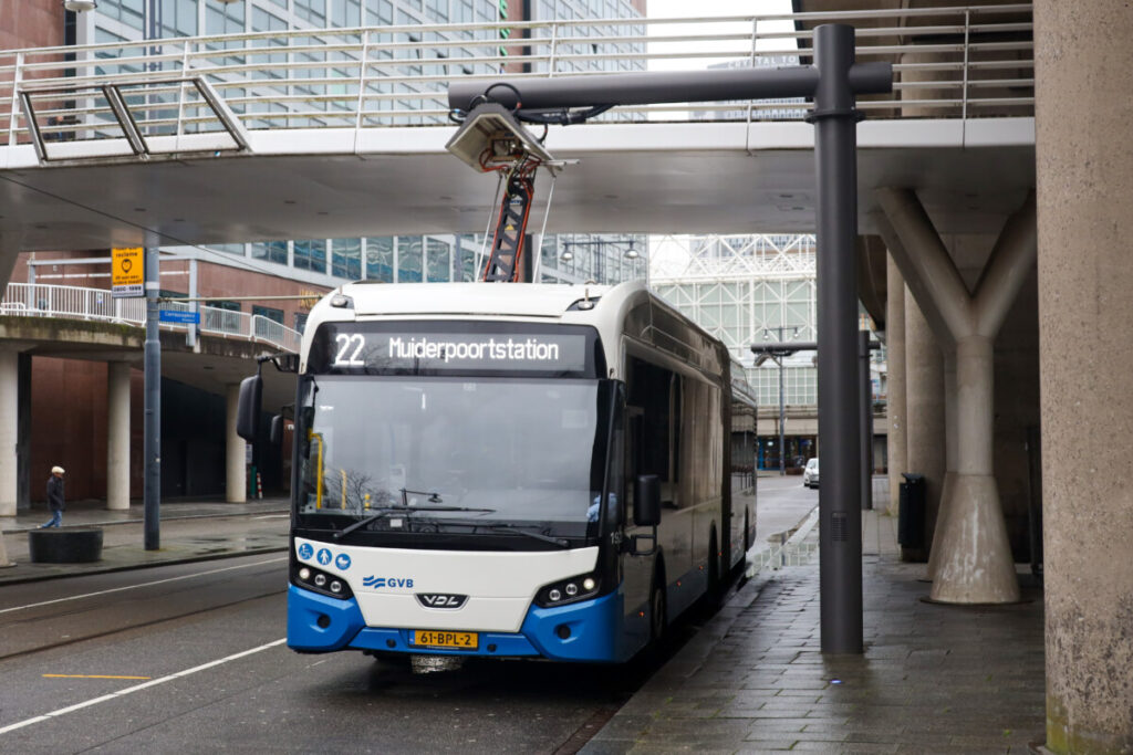 Close-up of the Blue and white city GVB bus in Amsterdam, Netherlands