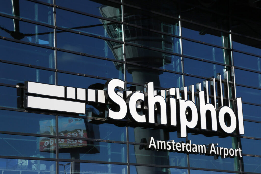 Close-up of the big Amsterdam Schiphol Airport sign