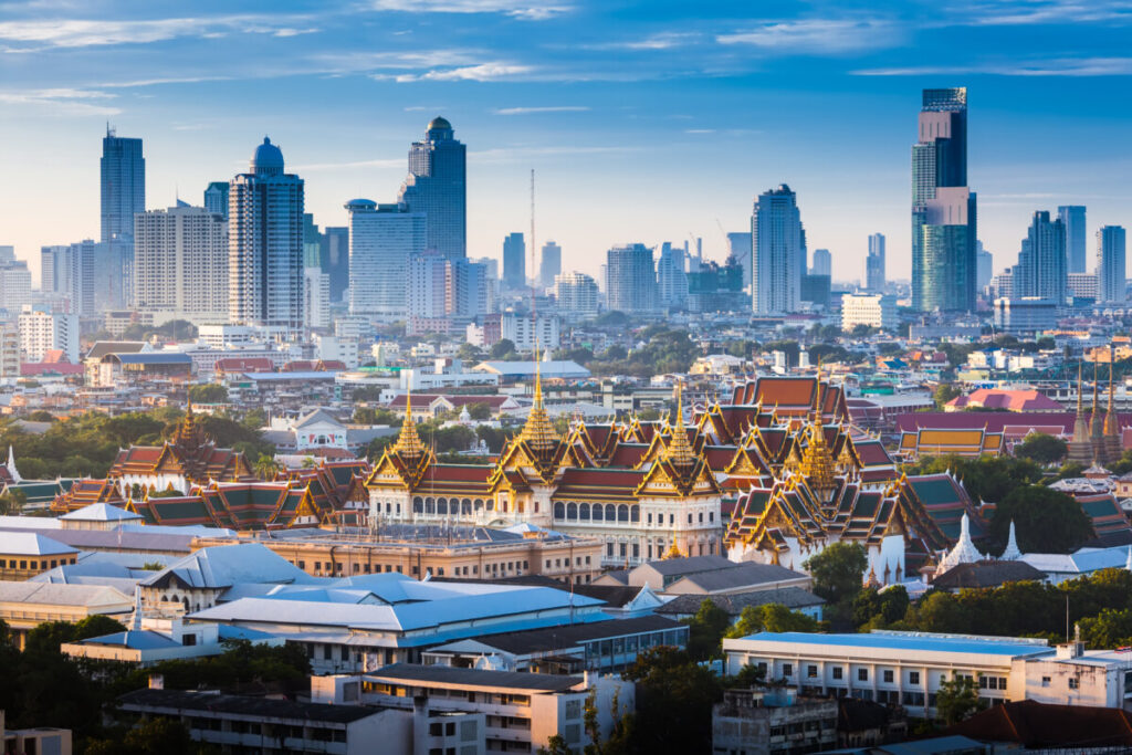Aerial view of the Grand Palace and Bangkok, Thailand cityscape