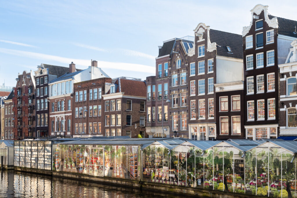 Panoramic view of the Bloemenmarkt along the canals of Amsterdam, Netherlands