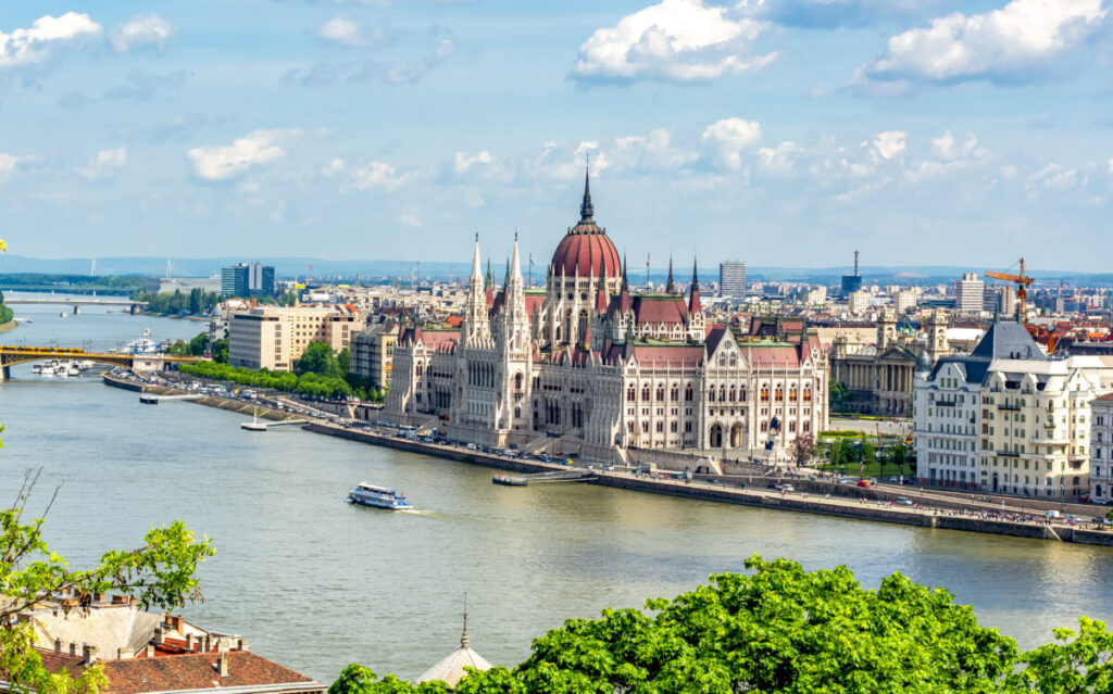 Panoramic view of Hungarian parliament building and Budapest, Hungary cityscape