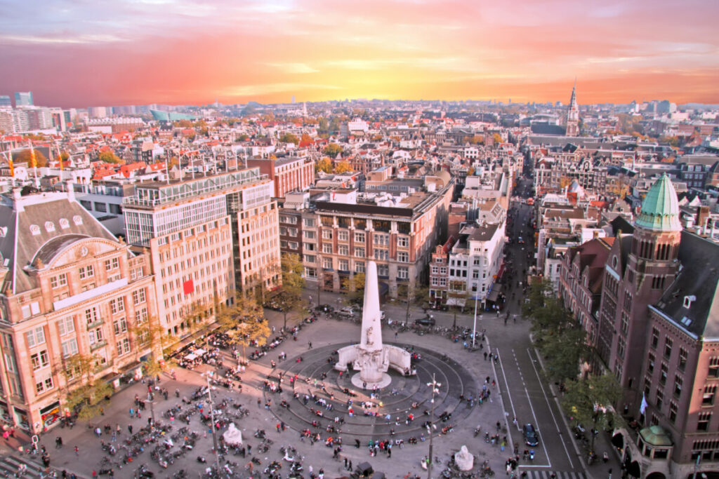 Aerial view of the Dam Square and Amsterdam cityscape