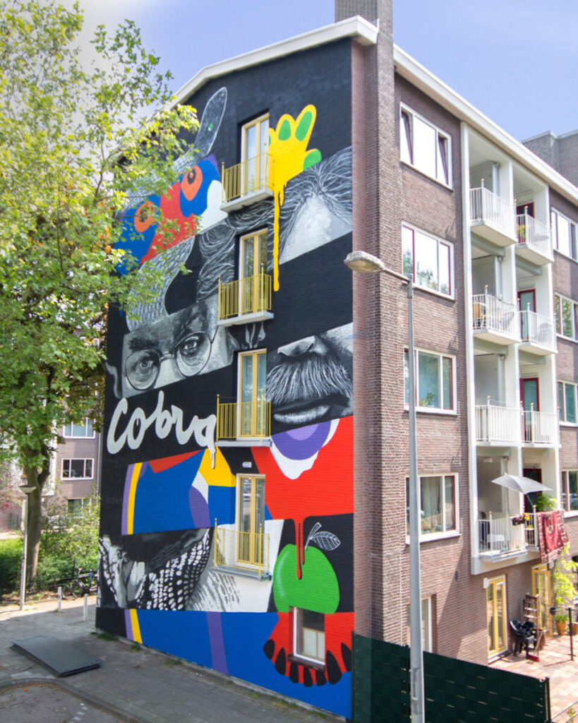 Mural titled "De appel valt niet ver van de boom," a tribute to Karel Appel by artists Sjem Bakkus and Ives One