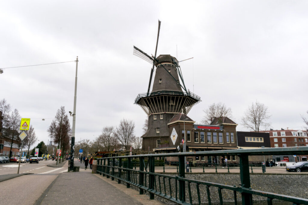 The architecture of De Gooyer Windmill and skyline in Amsterdam, Netherlands