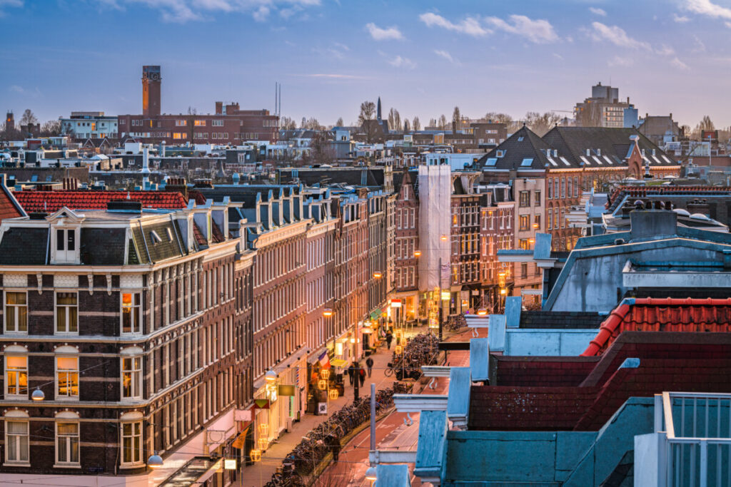 Aerial view of the De Pijp at night in Amsterdam, Netherlands