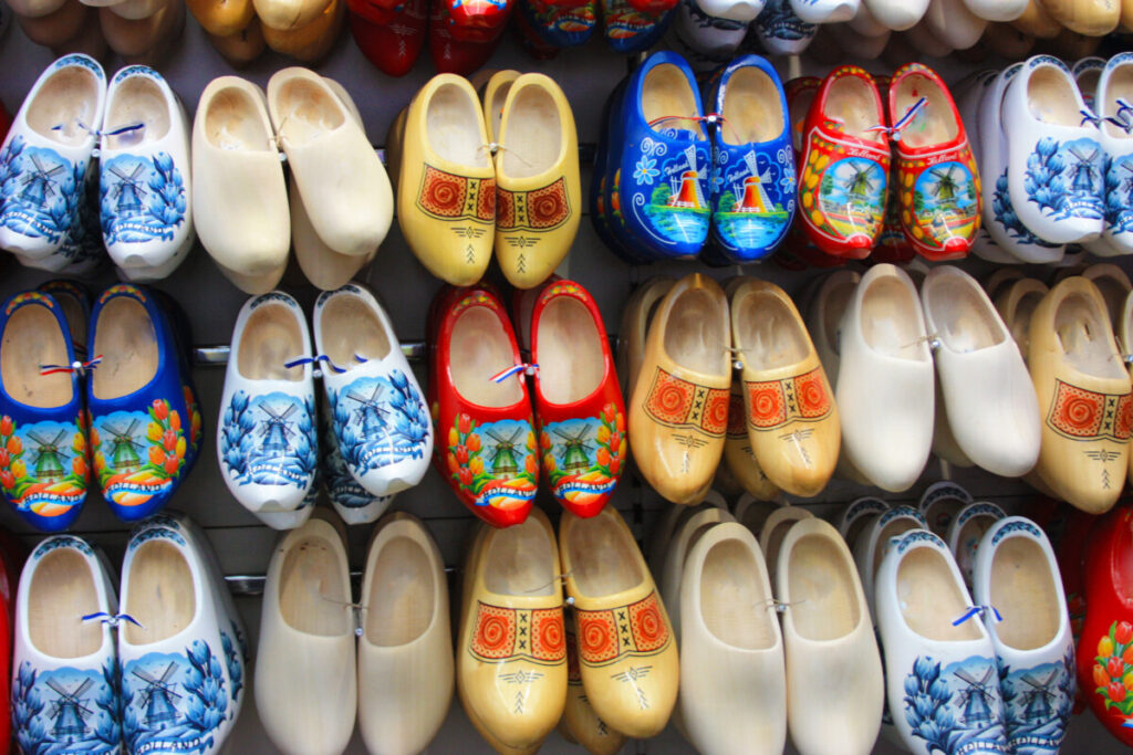 Close-up of Dutch wooden clogs souvenirs in Amsterdam