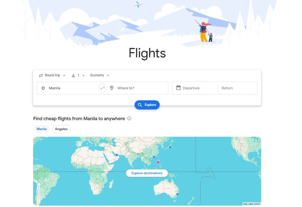 Google Flights website landing page