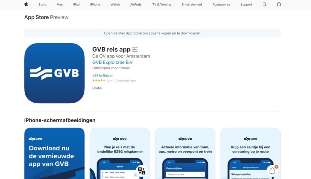 GVB reis app at the Apple app store