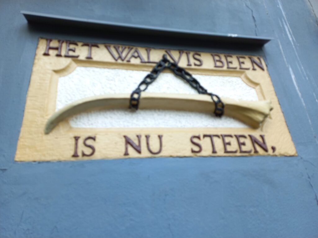 Gable stone of Het Walvisbeen at Haarlemmerdijk 168 in Amsterdam, featuring intricate carvings of a whale bone design.