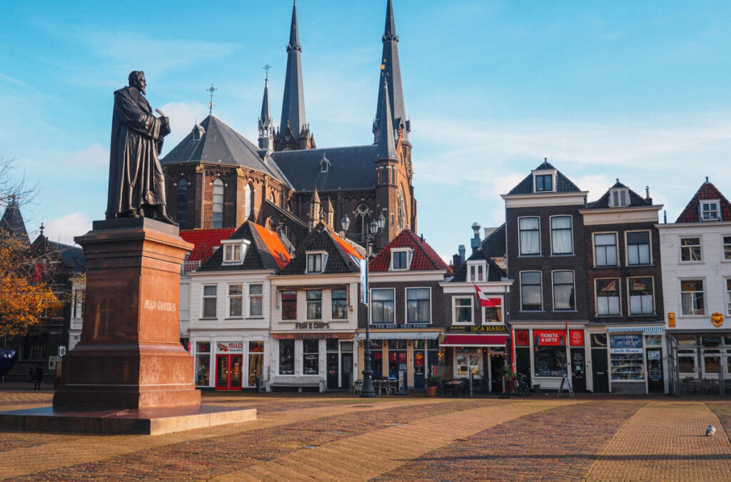 Close-up of the Hugo Grotius Statue in in Delft, Netherlands