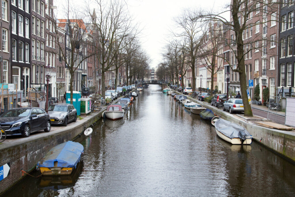 Canal view and houses at the Jordaan district in Amsterdam, Netherlands