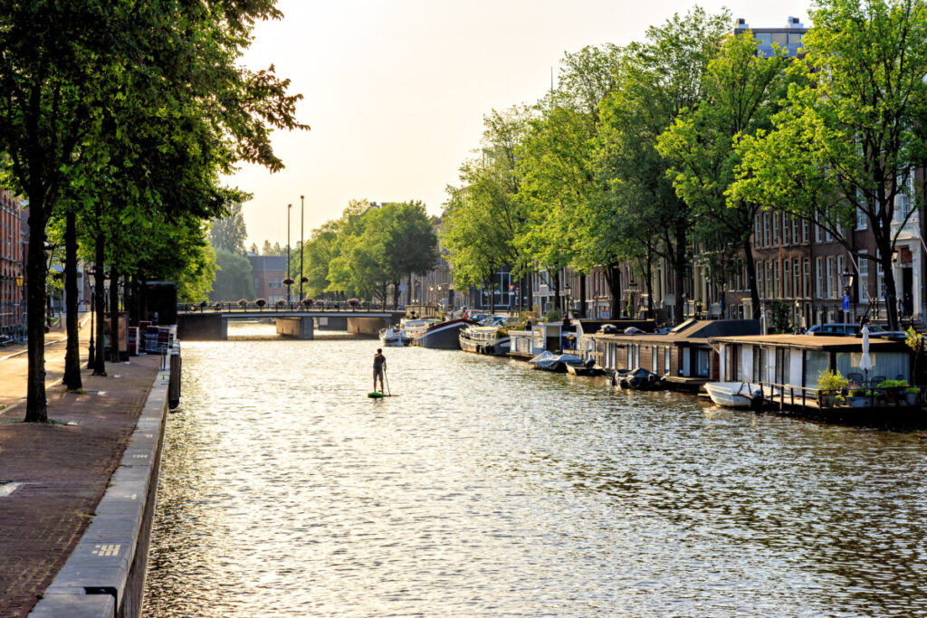 Panoramic view of the Nieuwe Keizersgracht canal and street in Amsterdam, Netherlands