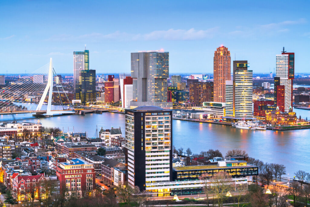 Aerial view of the Rotterdam, Netherlands skyline and cityscape