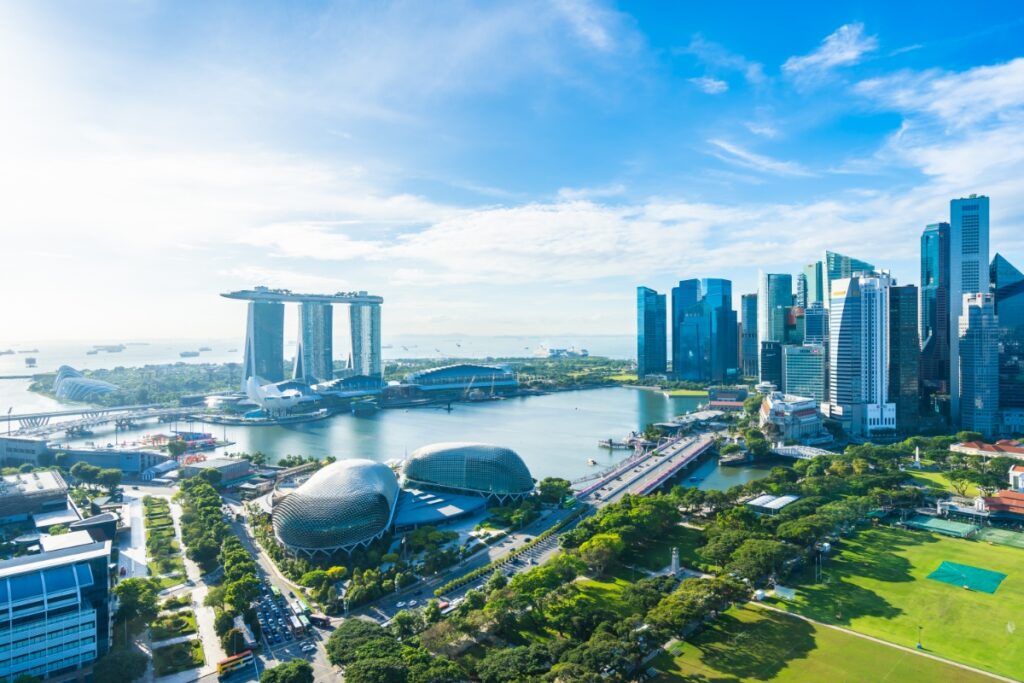 Panoramic view of the buildings, architecture, green spaces, and Singapore city skyline