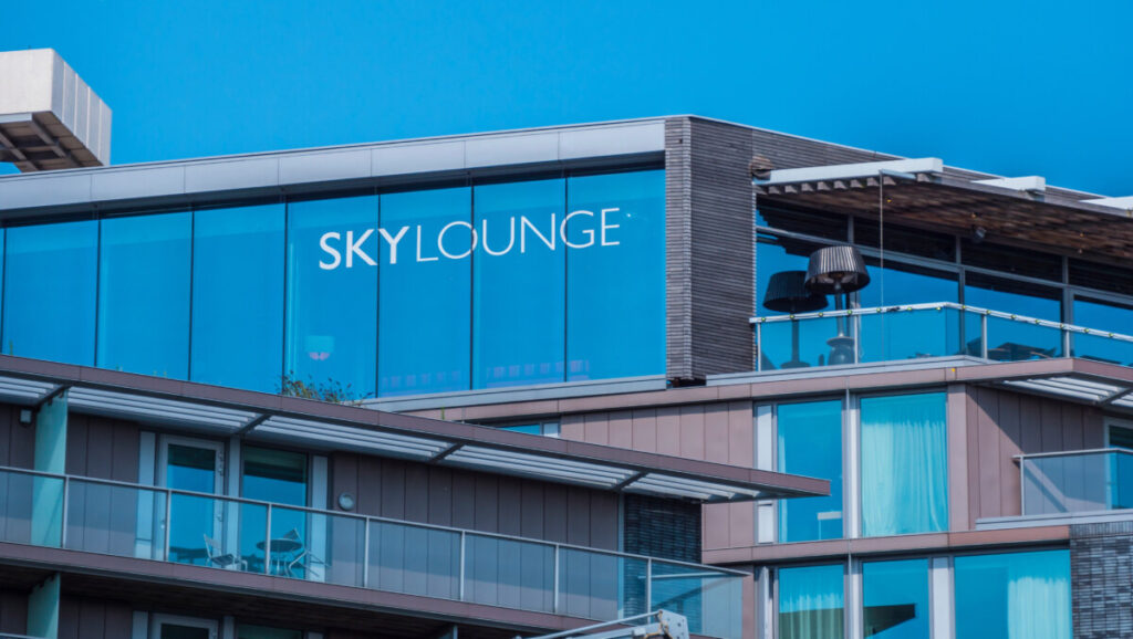 Exterior and the sign of the Skylounge at the Double Tree Hilton Hotel in Amsterdam, Netherlands