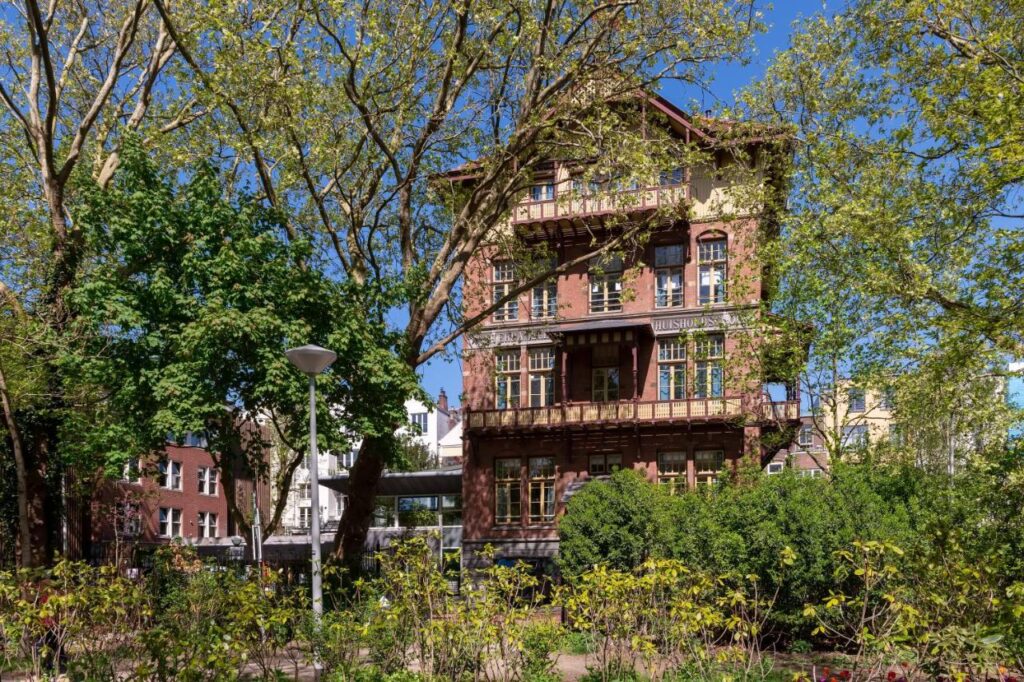 Building exterior of the Stayokay Hostel Amsterdam Vondelpark in Amsterdam, Netherlands