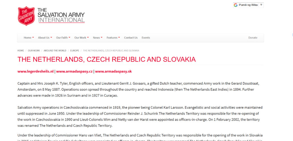 The Salvation Army International Netherlands website page