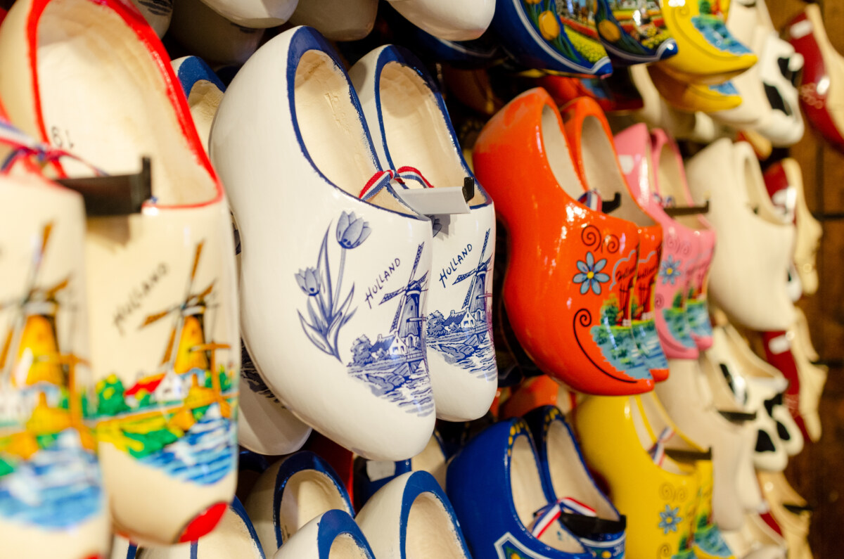 Close-up of the traditional Dutch wooden clogs at a souvenir shop