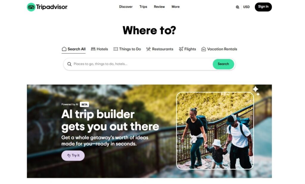 TripAdvisor website landing page