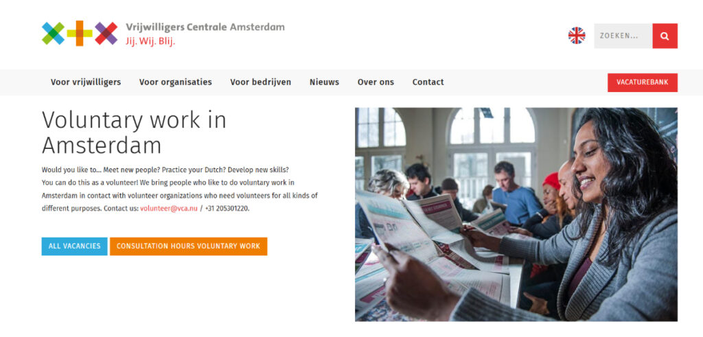 Vrijwilligers Centrale Amsterdam website landing page